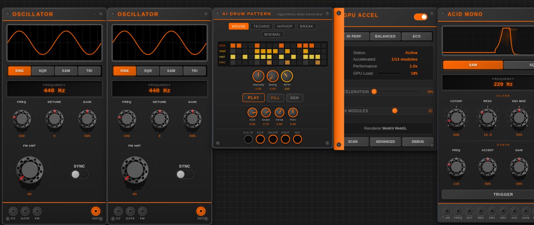 A live μcor workspace: oscillators, drum machines, and synth voices on the infinite canvas