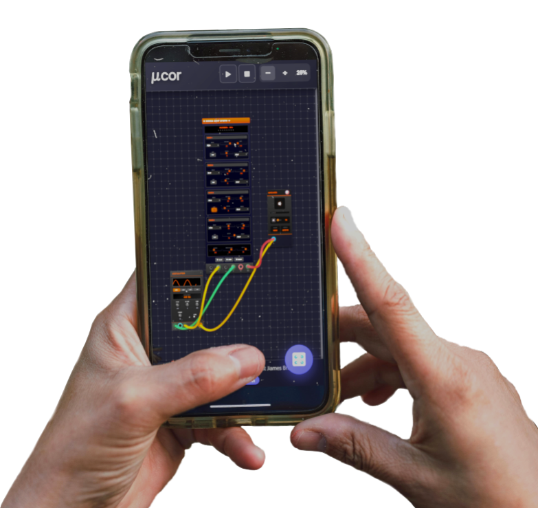 μcor running on iPhone          showing modular synthesizer interface
